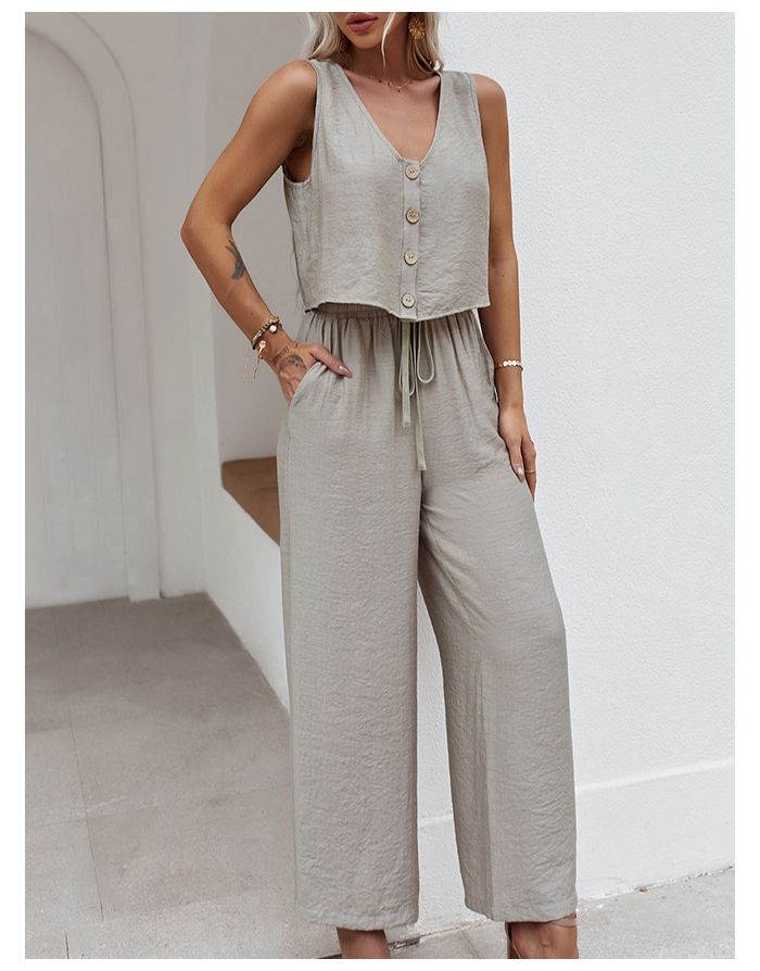Spring Summer Two Piece Set Sleeveless V-Neck Single Breasted Vest Tops Drawstring Wide Leg Pants